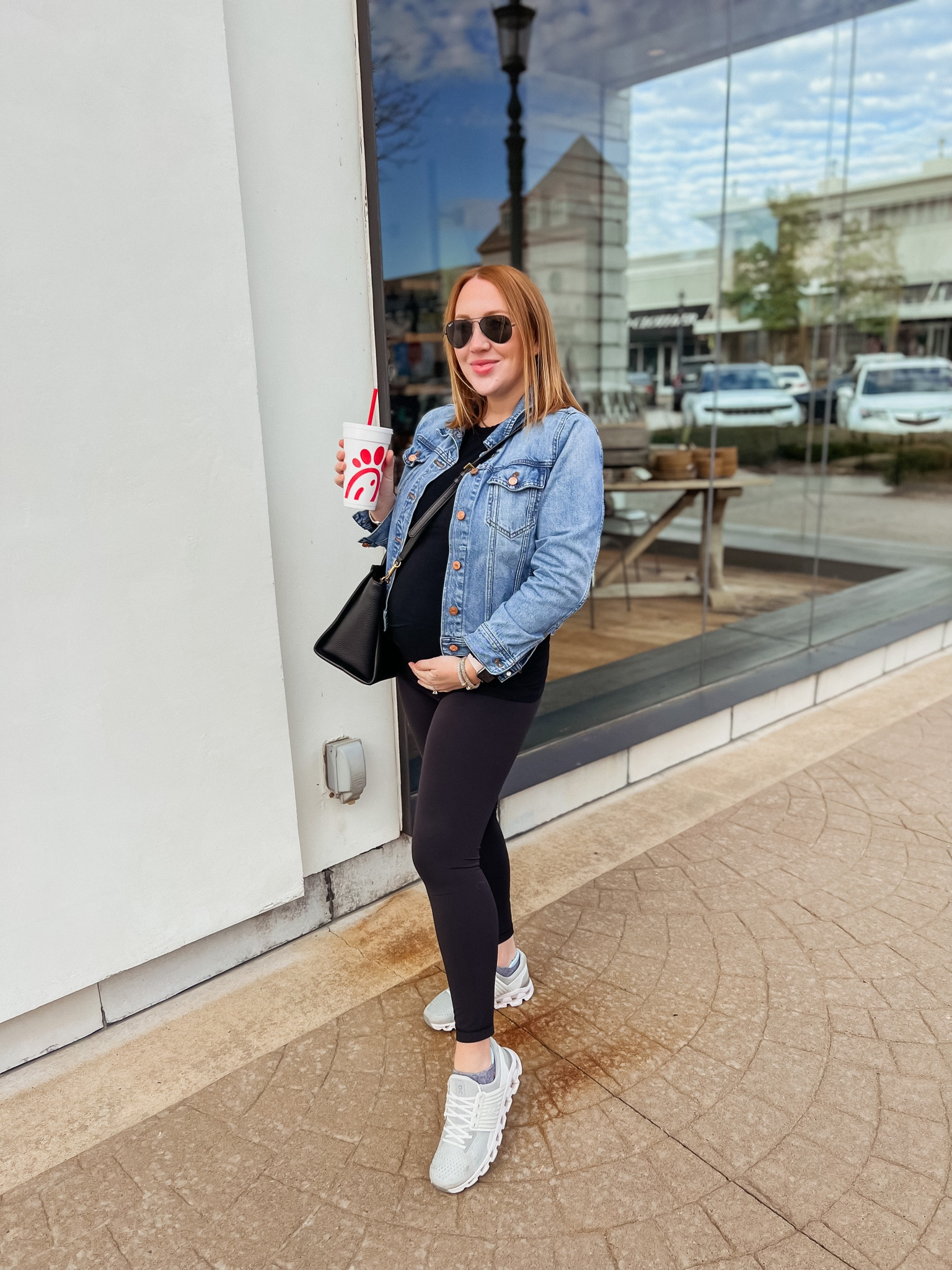 Casual outfit / bump friendly / errand style / denim jacket / align leggings / maternity T-shirt / on footwear / lululemon / ray bans 

#LTKunder100 #LTKstyletip #LTKbump