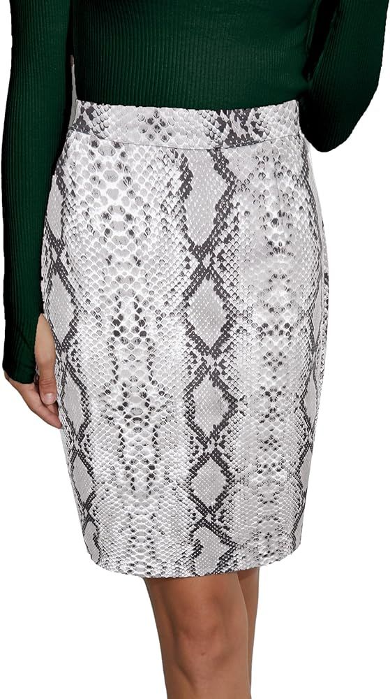 Aucute Women's Faux Suede Snake Print Zipper High Waist Back Split Bodycon Midi Knee Length Skirt | Amazon (US)