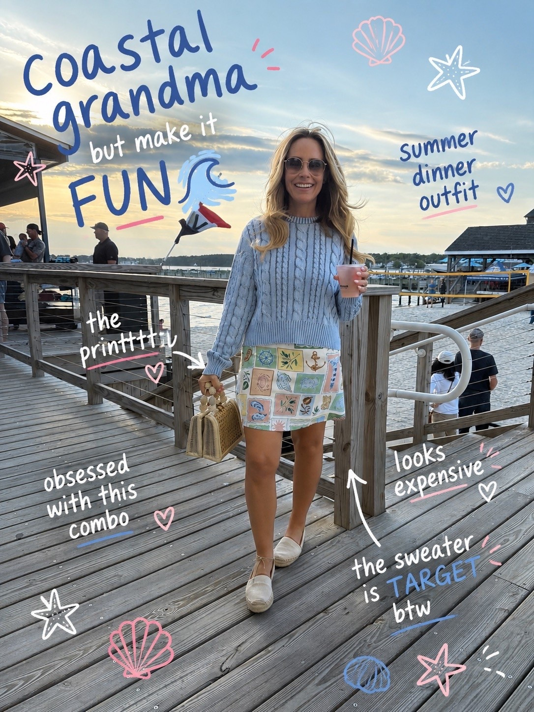 Coastal grandma… but make it fun 🌊🐚

This outfit is giving Nantucket dinner reservations, sunset cocktails, and “where did you get that?” energy. The Target sweater looks so much more expensive than it is, and I’m absolutely obsessed with this coastal print skirt for summer.

The perfect mix of classic, colorful, and effortlessly put together. 💙

#LTKStyleTip #CoastalGrandmaStyle #CoastalStyle #SummerOutfit #VacationStyle #TargetStyle #TargetFinds #ResortWear #BeachTownStyle #SummerFashion #DinnerOutfit #ClassicStyle #PreppyStyle #LTKUnder50 #OOTD 🐚✨