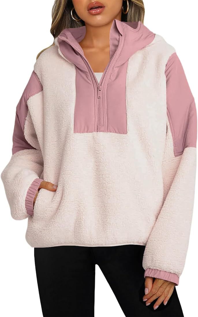 Panadila Womens Half Zip Pullover with Pockets Sherpa Hoodie Oversized Hooded Sweatshirt Warm Fle... | Amazon (US)