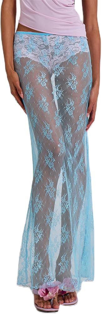 Women Sexy Lace Sheer Maxi Skirt Y2k Floral Lace Mesh Beach Cover-up Long Skirts Fairy Aesthetic ... | Amazon (US)