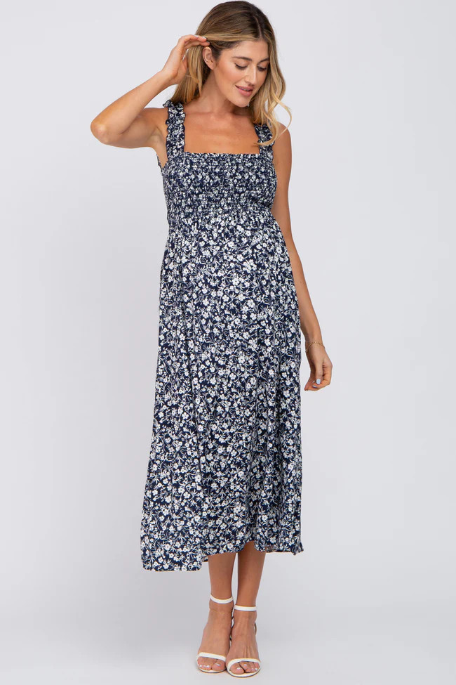 Navy Blue Floral Smocked Maternity Midi Dress | PinkBlush Maternity