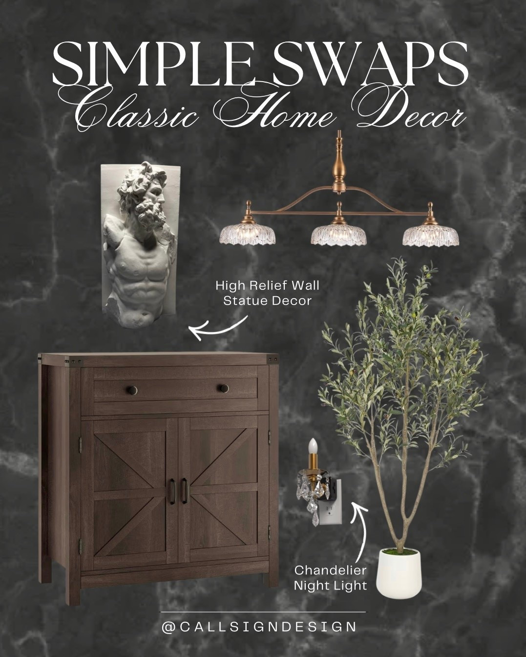 Classic home decor that brings a sense of old world charm into the space. A high relief wall statue paired with a chandelier nightlight adds depth, warmth, and a softly dramatic glow. ✨ 

#ClassicDecor #OldWorldCharm #StatementPieces #TimelessInteriors #MoodyLighting #HomeDecor #DesignDetails #callsigndesign