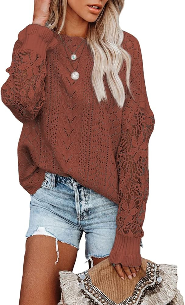 AlvaQ Women Lace Crochet Long Sleeve Crewneck Sweaters Winter Knit Pullover Jumper Tops | Amazon (US)