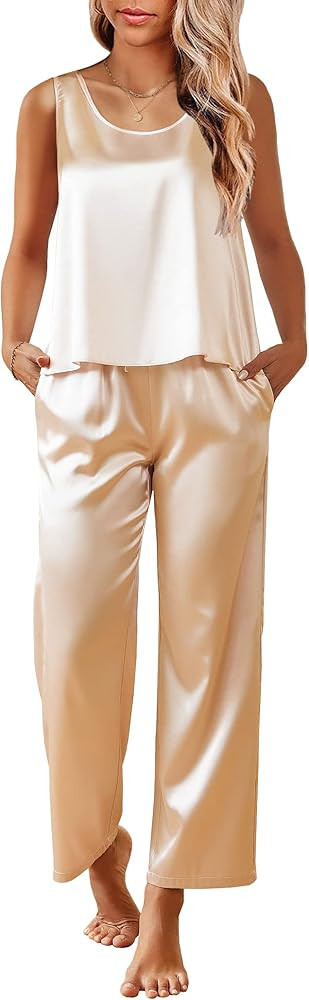 Ekouaer Womens Satin Pajamas Set Back Split Top and Long Pant Silk Pj Set Tank Sleepwear S-XXL | Amazon (US)