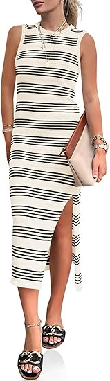 Wenrine Womens Summer Sundress Bodycon Midi Dress Sleeveless Casual Knit Striped Hollow Out Slit ... | Amazon (US)