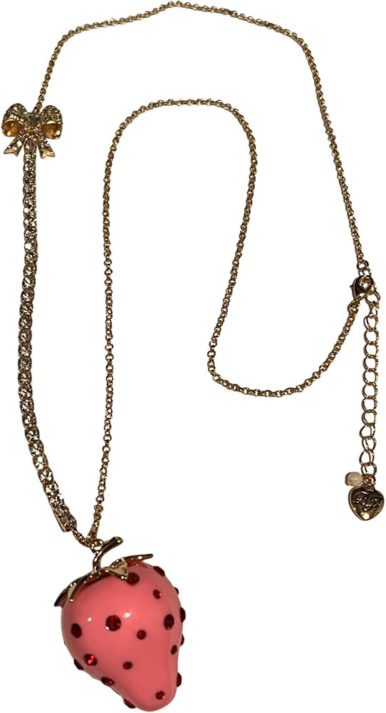 Betsey Johnson Pink Strawberry With Red Rhinestone Long Chain Necklace Gold Tone Valentine's Day ... | Amazon (US)