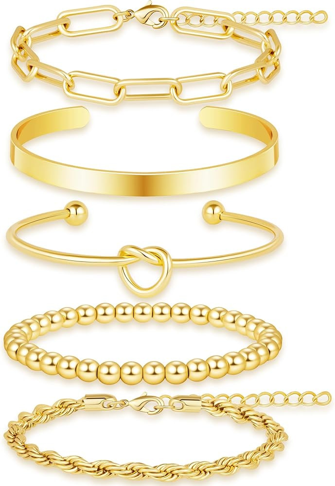 Gold Bracelets for Women Non Tarnish, 14K Gold Plated Chunky Cuff Bracelet Gold Bangles Bracelet ... | Amazon (US)