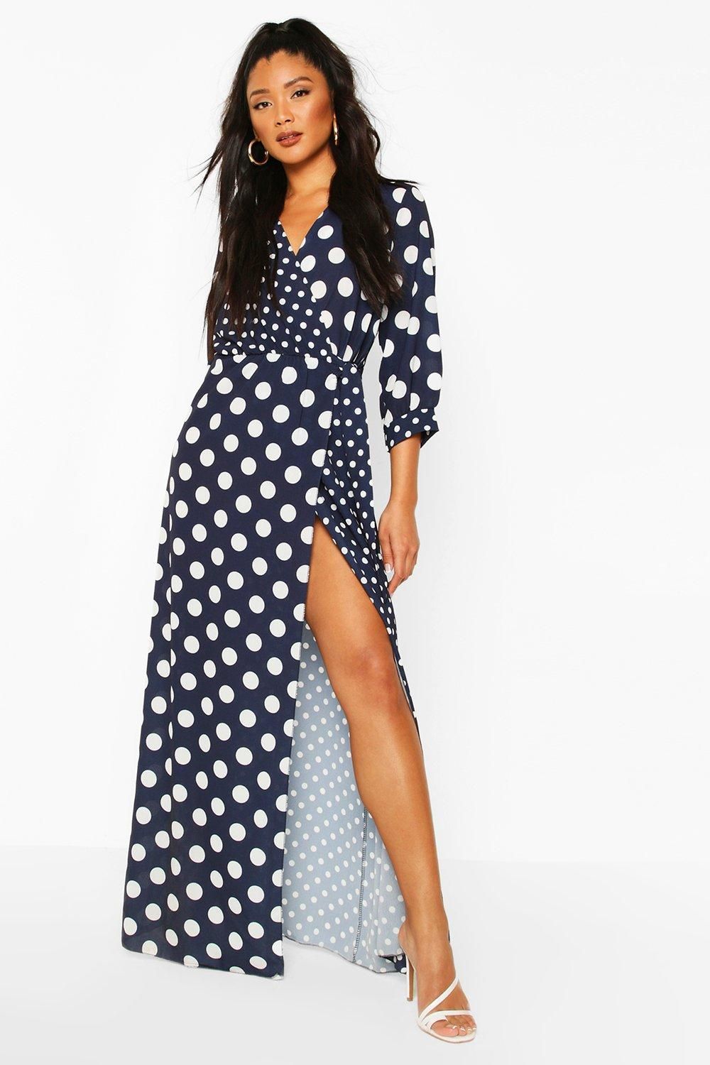 Womens Mixed Polka Dot Wrap Maxi Dress - Navy - 8 | Boohoo.com (US & CA)