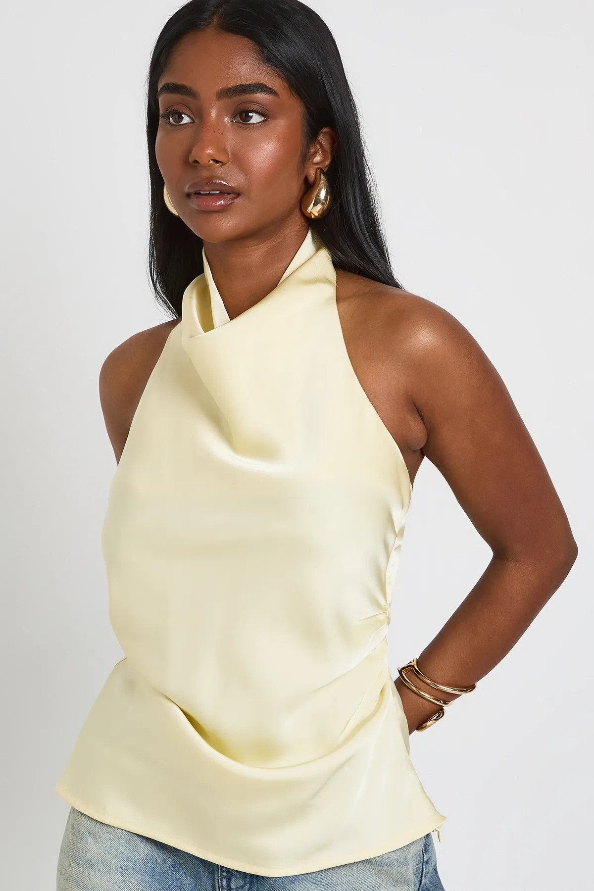 Lemon boohoo Satin High Cowl Neck Cami Top | PrettyLittleThing USA | PrettyLittleThing US