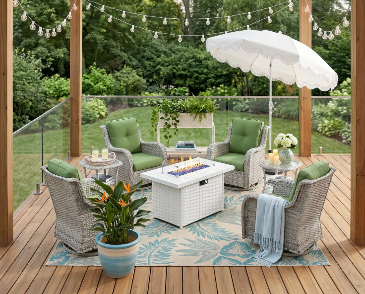 Patio Inspiration from Wayfair, deck, outdoor furniture, home, solar lights, fire, swivel chair, quiet luxury, blue, green, neutral, room styling 

 #LTKHome