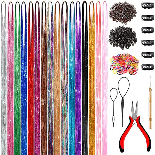 48 Inch Glitter Hair Tinsel Extensions Kit (16 Colors, 4800 Strands) With Tools - Heat Resistant Fairy Hair Accessories for Women, Girls, Kids | Amazon (US)