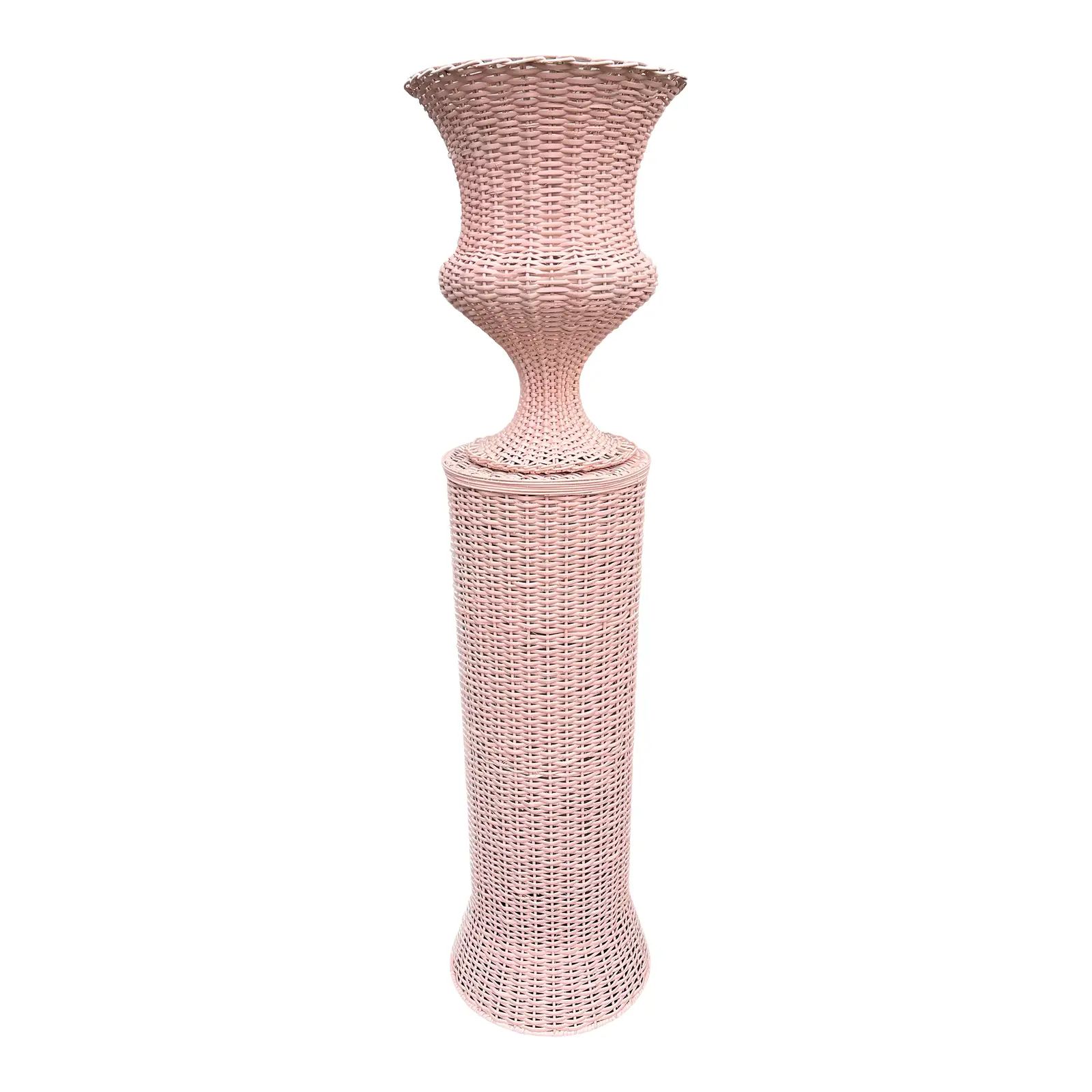 Wicker Urn And Pedestal Set, Pale Pink | Chairish