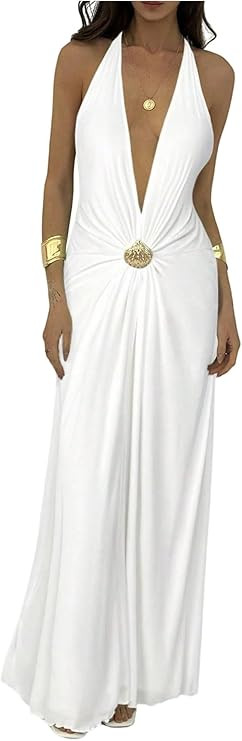 Milumia Women's Sexy Deep V Neck Halter Mesh Dress Tie Backless Long Cocktail Dresses | Amazon (US)