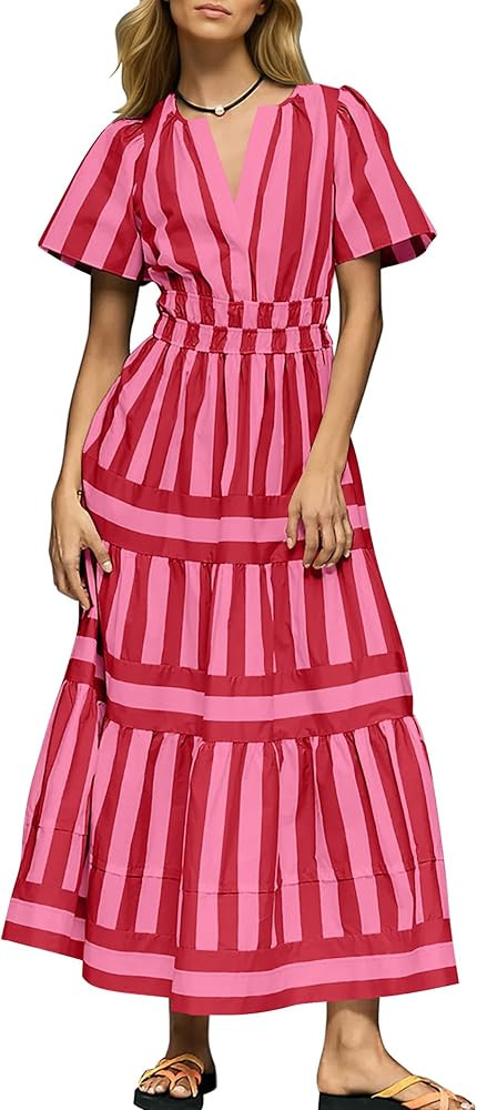 Summer Striped Maxi Dress for Women Casual V Neck Short Sleeve Flowy A Line Long Vacation Dresses... | Amazon (US)