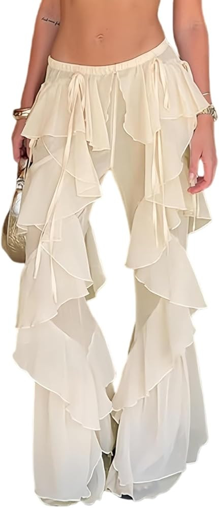 Women's Ruffled Wide Leg Pants Ladies Patchwork Lotus Leaf Hem Trousers mesh Flared Pants | Amazon (US)