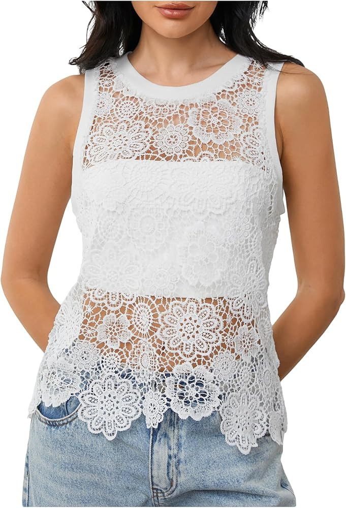 SHENHE Women's Sheer Tank Tops See Through Polka Dots Asymmetrical Top Summer Sleeveless Vest Shi... | Amazon (US)