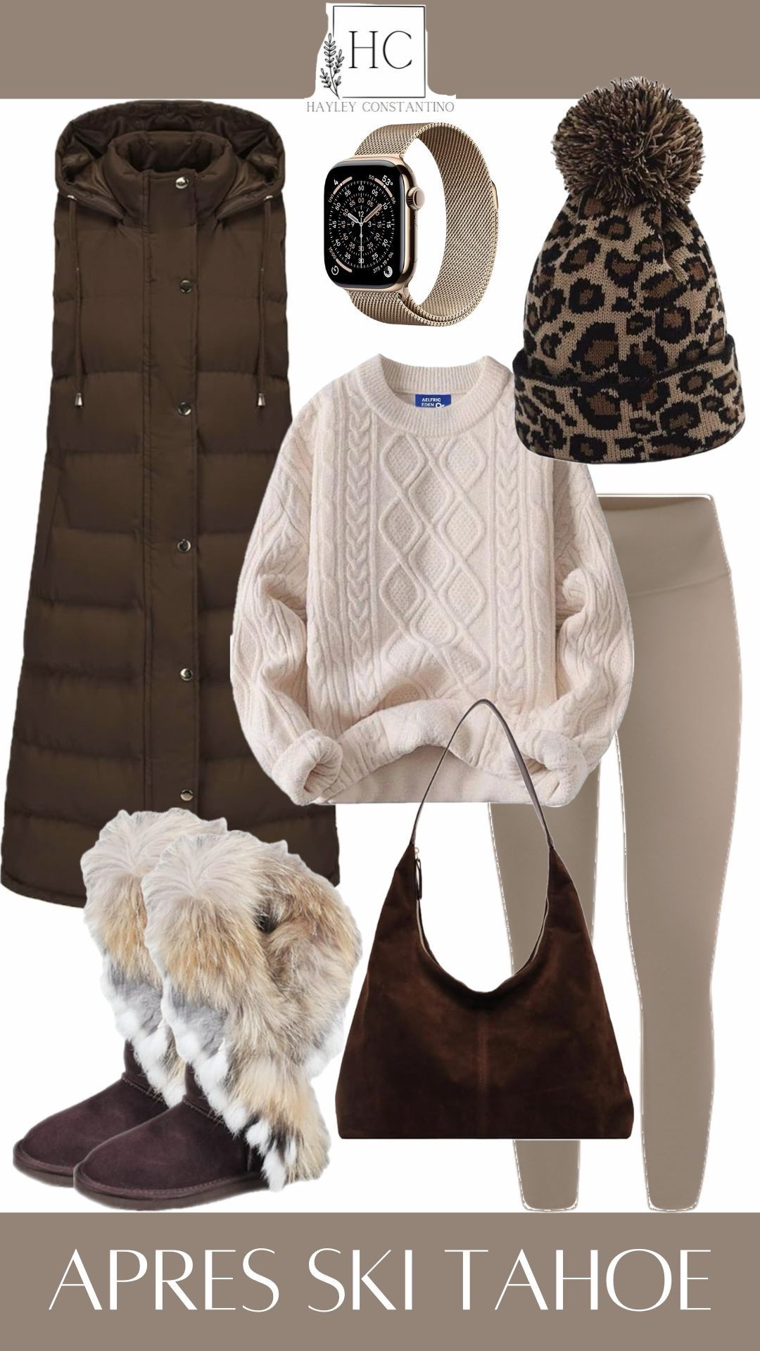 This outfit is cozy-chic meets après-ski cool—the kind of look that makes hot cocoa taste better and selfies hit harder ❄️✨
Wrapped in a rich chocolate puffer vest, you’re instantly warm without losing shape, layered over a soft cable-knit cream sweater that screams effortless winter luxe. The neutral taupe leggings keep it sleek and flattering, perfect for cabin lounging or strolling the village.
Accessories make it chef’s kiss: a leopard pom beanie for playful mountain glam, a gold Apple Watch band for that subtle “put-together girl” energy, and a suede slouchy shoulder bag that elevates the whole look. Finish it off with fur-trim winter boots that feel like slippers but look Instagram-ready.
This is the outfit you wear when you’re not skiing… but still want everyone to know you could 🏔️🤎
Think: Tahoe mornings, cozy fires, coffee runs, and golden-hour snow pics.
Warm. Cute. Effortlessly cool. Total main-character après-ski vibes.

#LTKTravel #LTKOver40 #LTKootd