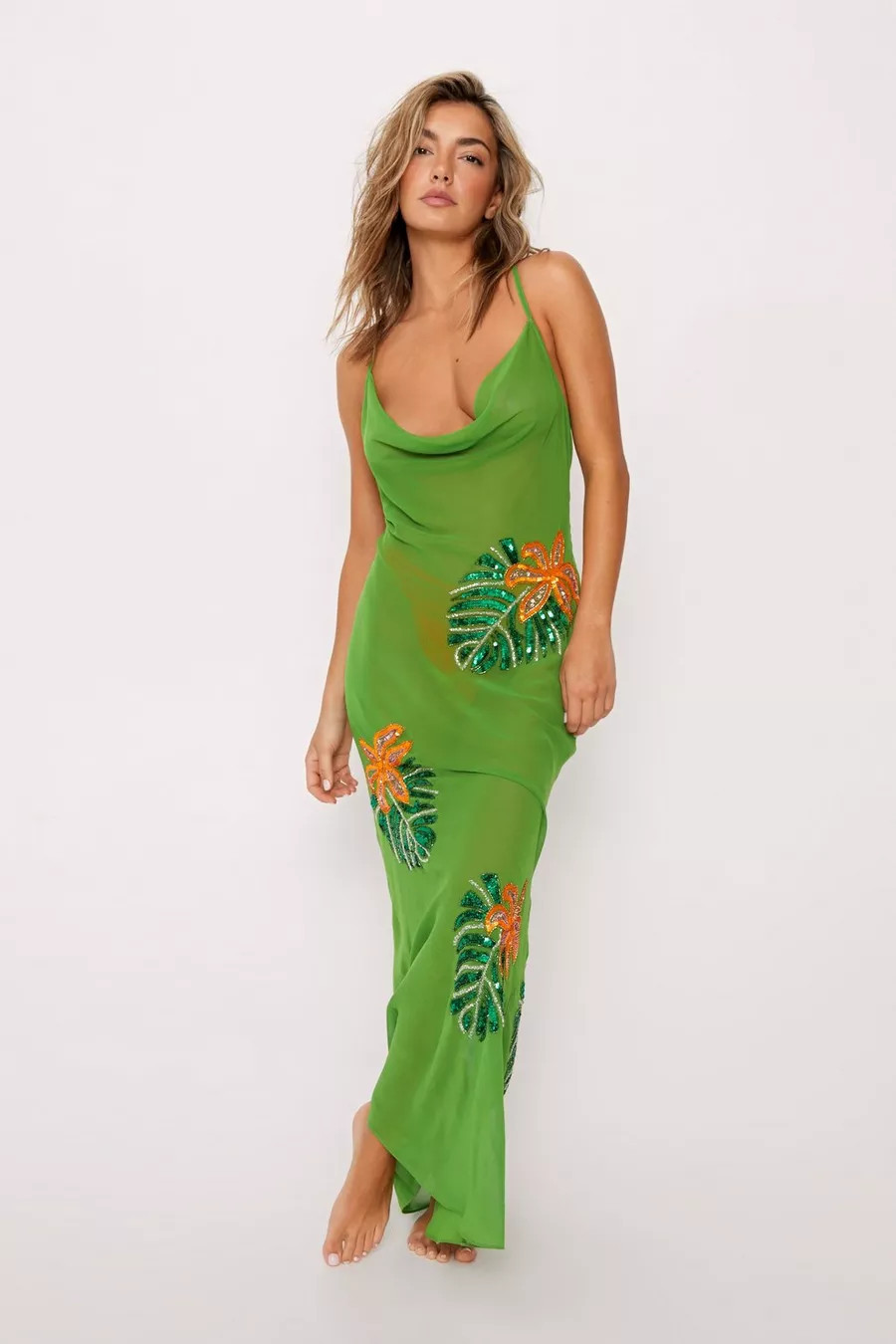 Tropical Palm Embellished Cowl Maxi Cover Up Dress | Nasty Gal US