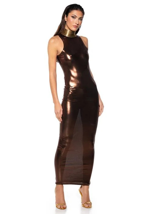 IN THE CROWD METALLIC MIDI DRESS IN BROWN | AKIRA
