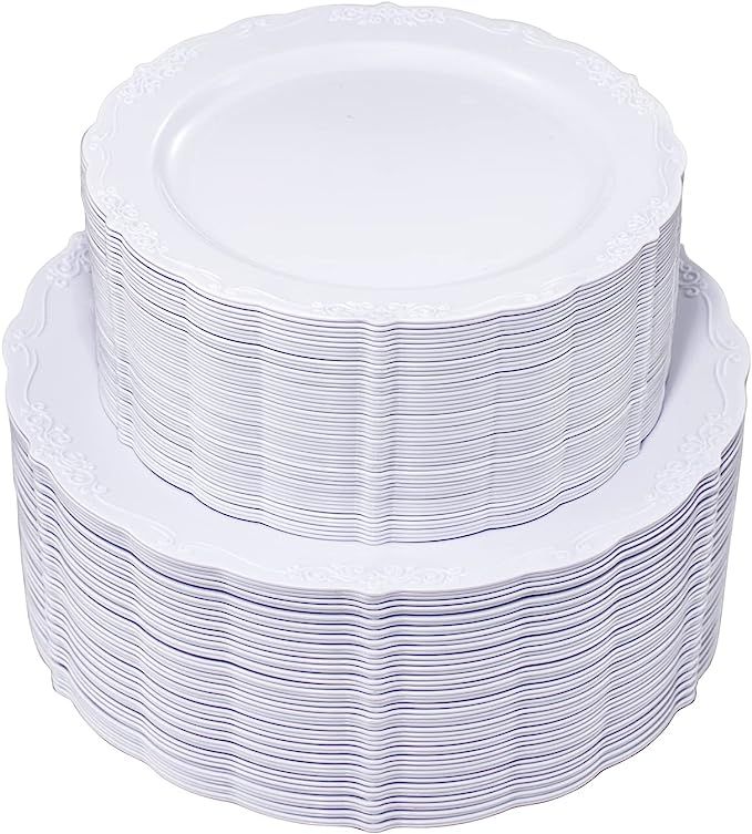 U-QE 100 Pieces White Disposable Plates - Premium Hard Plastic Plates for Wedding and Party Use I... | Amazon (US)