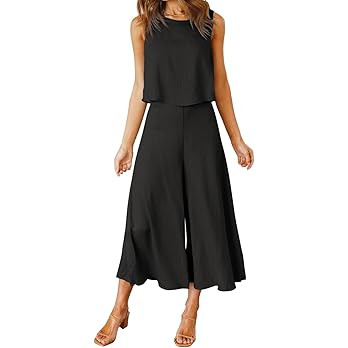 ROYLAMP Women's Summer 2 Piece Outfits Round neck Crop Basic Top Cropped Wide Leg pants Set Jumps... | Amazon (CA)