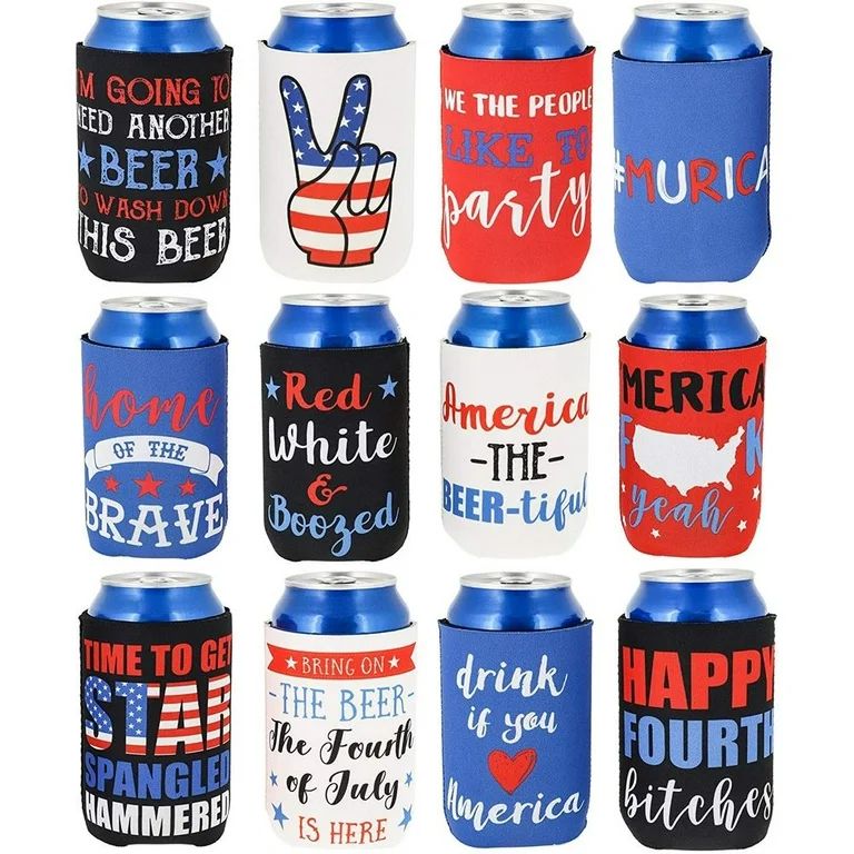 12 Pack America Can Cooler Sleeve, Patriotic Party Favors, 12 Assorted Designs, 12oz - Walmart.co... | Walmart (US)