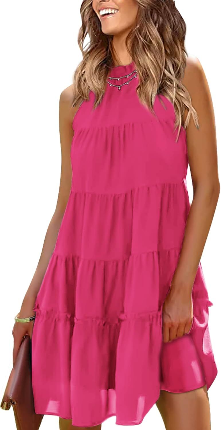 EXLURA Women’s Summer Casual Halter Neck Short Mini Dress Ruffle Tiered Flowy Mini Dress Loose ... | Amazon (US)