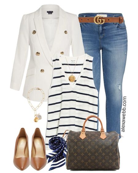 Straight Size to Plus Size - White Blazer & Jeans with a Striped Tank, Gucci Belt, Jeans, Cognac Pumps and a Louis Vuitton Speedy Bag - Alexa Webb 

#LTKplussize #LTKstyletip #LTKSeasonal