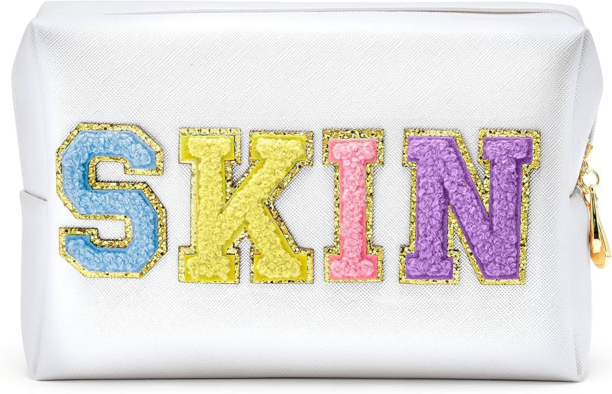 Y1tvei Preppy Patch SKIN Colorful Letter White Cosmetic Toiletry Bag PU Leather Portable Makeup B... | Amazon (US)