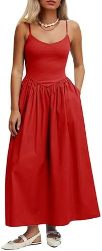 Women’s Sleeveless V-Neck Maxi Dress with Pockets – Slim Fit Casual Summer Spaghetti Strap Dr... | Amazon (US)