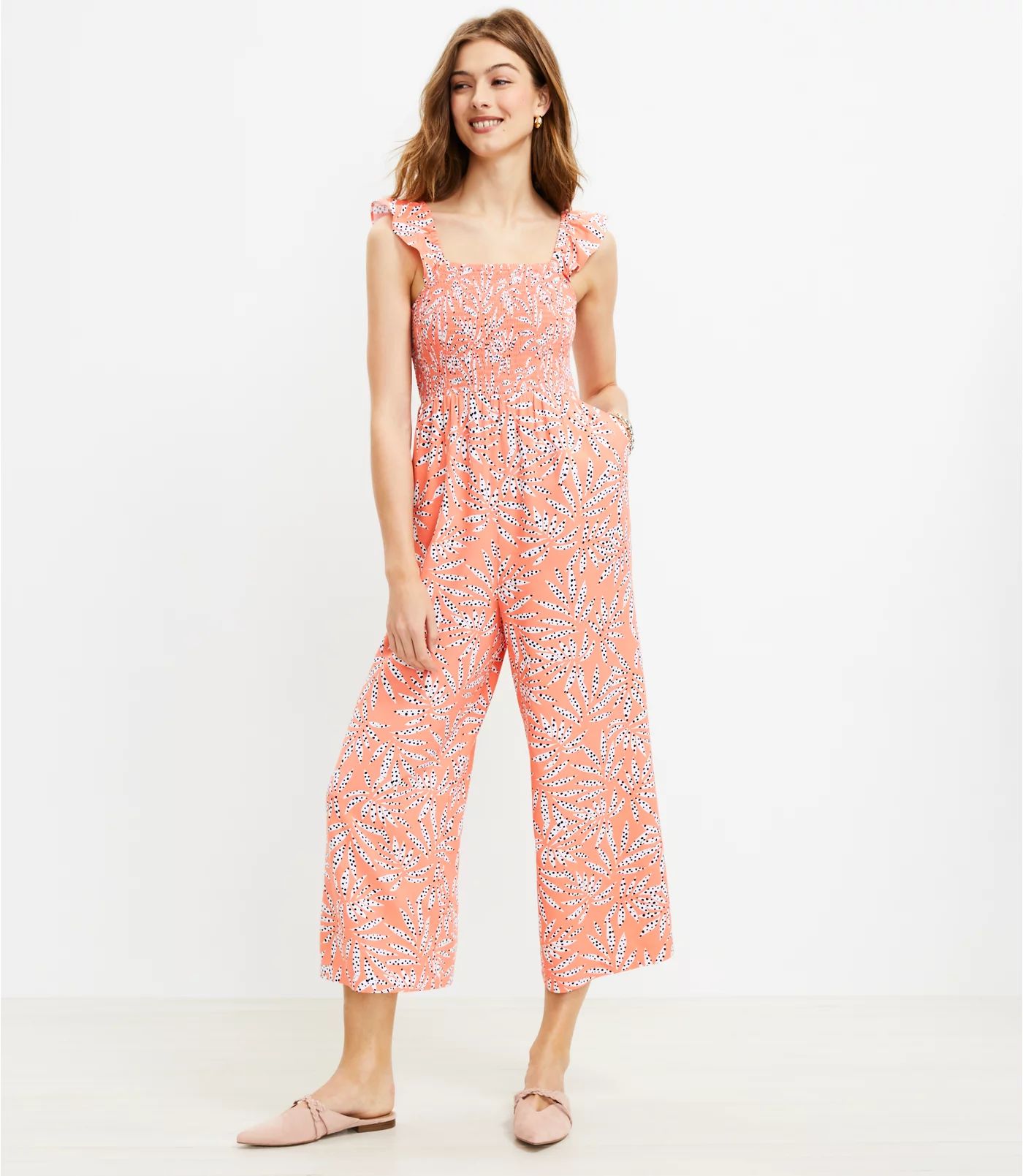 Leaf Dot Smocked Ruffle Strap Jumpsuit | LOFT | LOFT