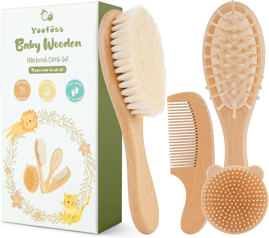 Yoofoss 4 Piece Baby Brush and Comb Set, Wooden Baby Brush with Natural Ultra Soft Goat Hair, Bab... | Amazon (US)