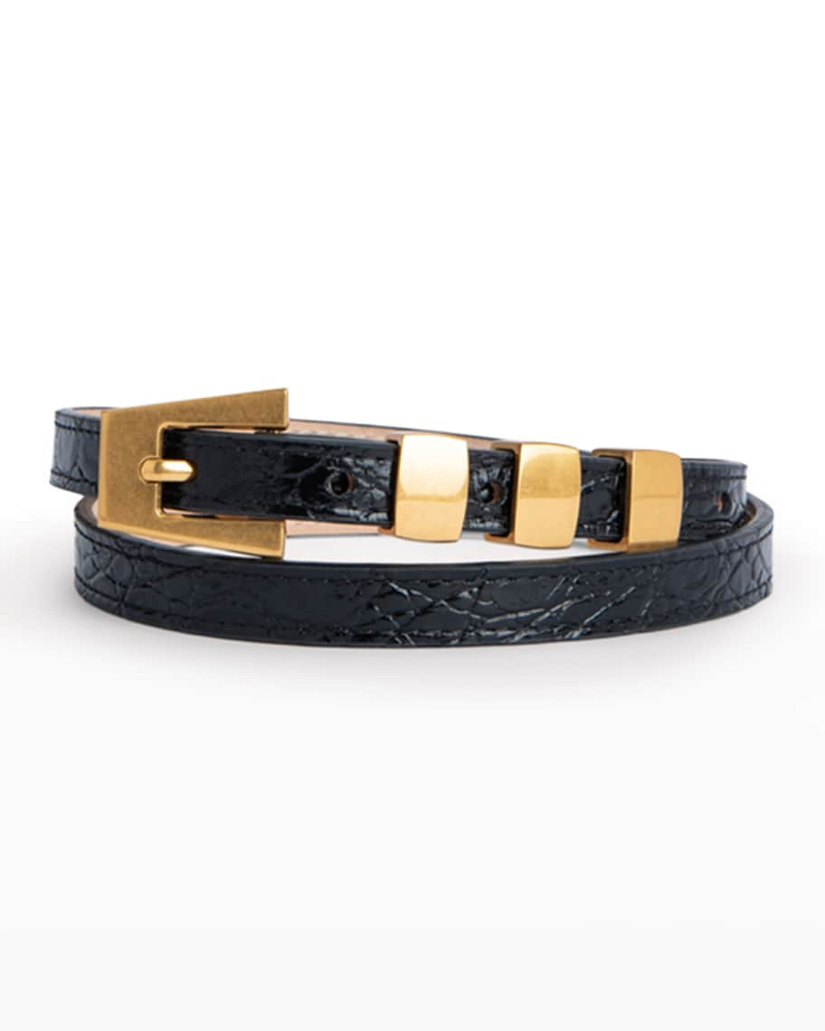 BY FAR Vic Croc-Embossed Leather Skinny Belt | Neiman Marcus