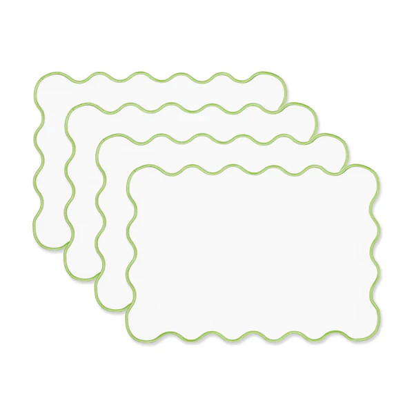 Coastal Indoor Outdoor Scalloped Placemat Set of 4, Solid A, Green, 14"x19" | Hofdeco