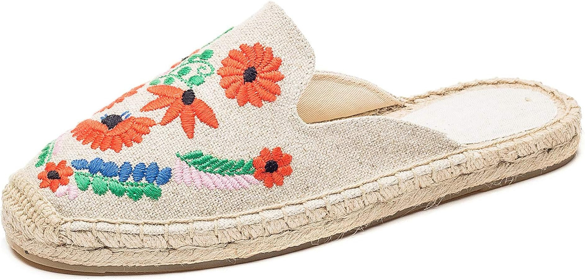U-lite Women's Stylish Embroidery Flat Espadrilles Fancy Mule | Amazon (US)