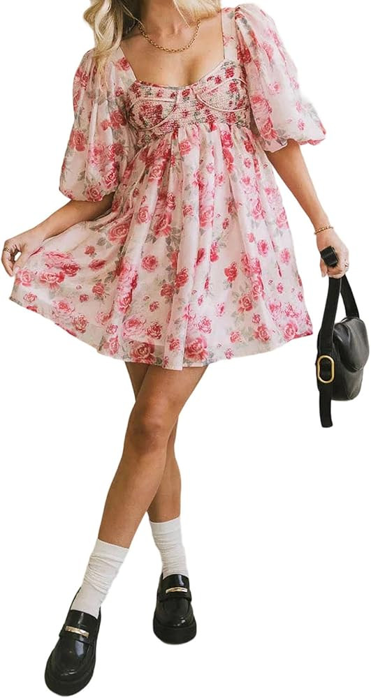 Women's Y2k Floral Print Mini Dress Short Puff Sleeve Sweetheart Neck Dresses Casual Babydoll Dre... | Amazon (US)