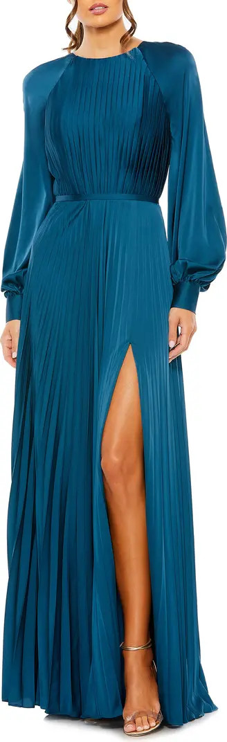 Ieena for Mac Duggal Pleated Long Sleeve Satin A-Line Gown | Nordstrom | Nordstrom