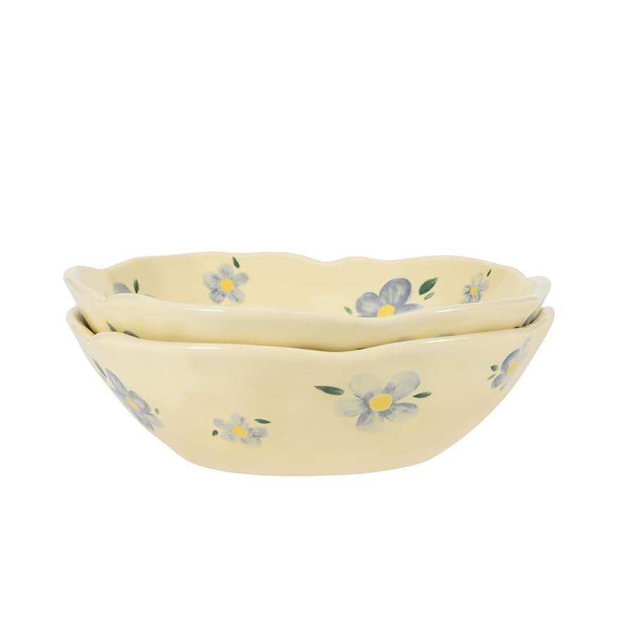 Koythin Salad Bowls Set of 2, Cute Blue Flower Ceramic Bowls, Cream Yellow Serving Bowl for Pasta... | Amazon (US)