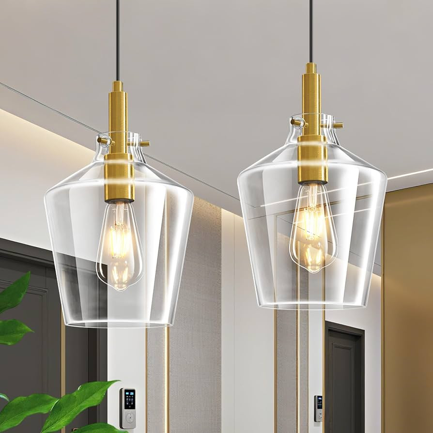 Modern Glass Pendant Lighting for Kitchen Island 2 Pack, Farmhouse Gold Pendant Light Fixtures, A... | Amazon (US)