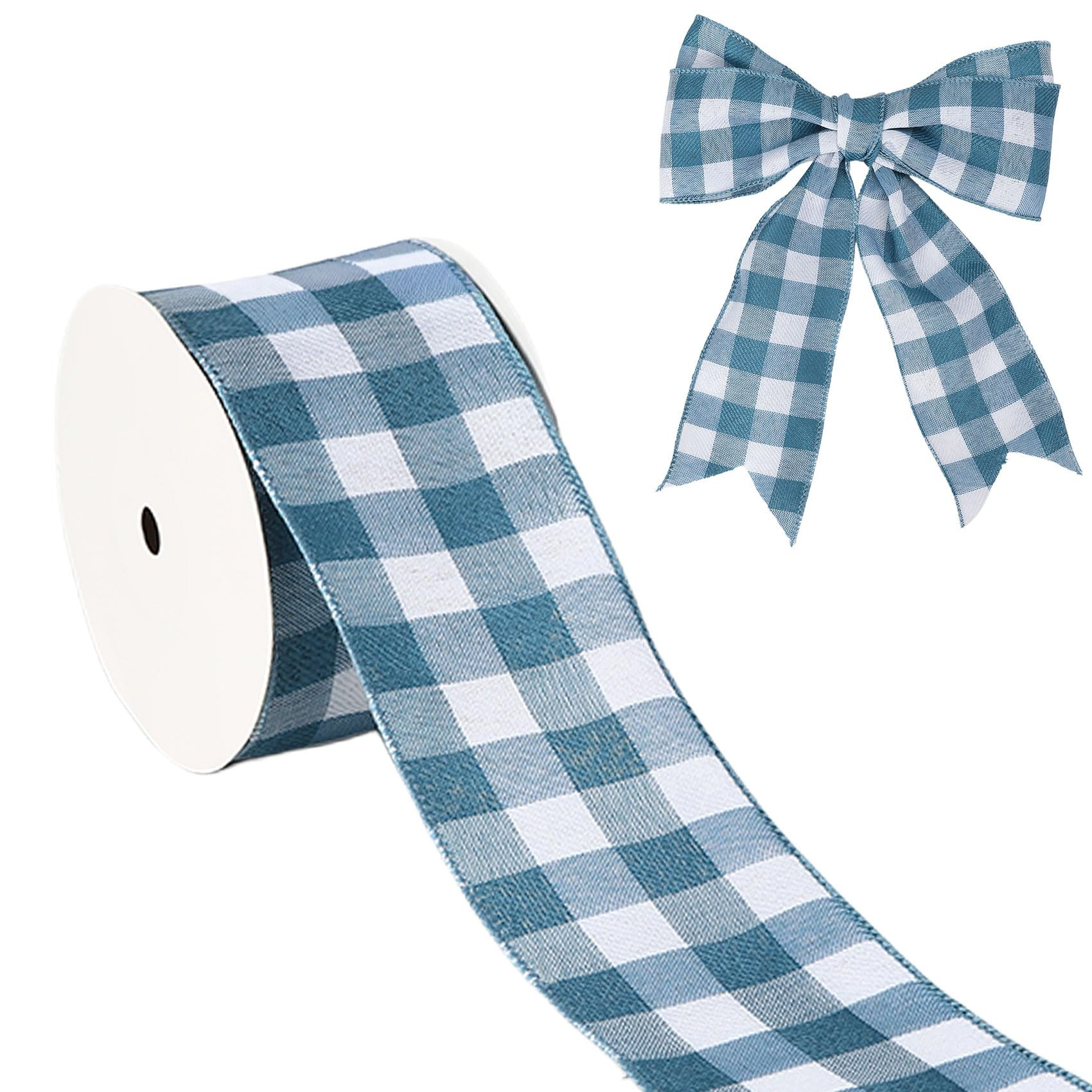 Blue Gingham Buffalo Plaid Ribbon 10 Yards 2-1/2 Inch Blue and White Checkered Ribbon Wired Fabri... | Amazon (US)