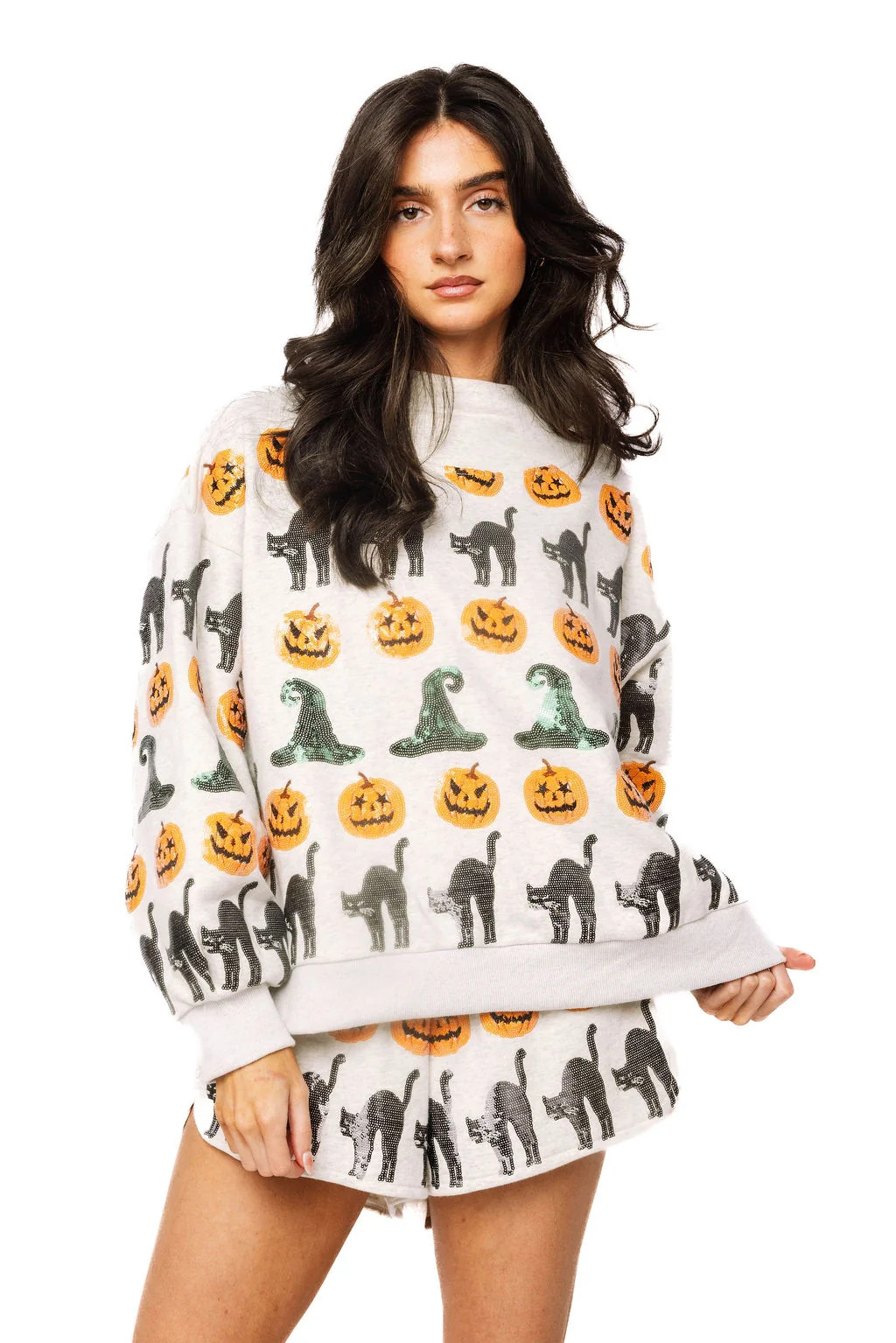 Light Grey Witch Hat, Pumpkin & Cat Mockneck Sweatshirt | Queen of Sparkles