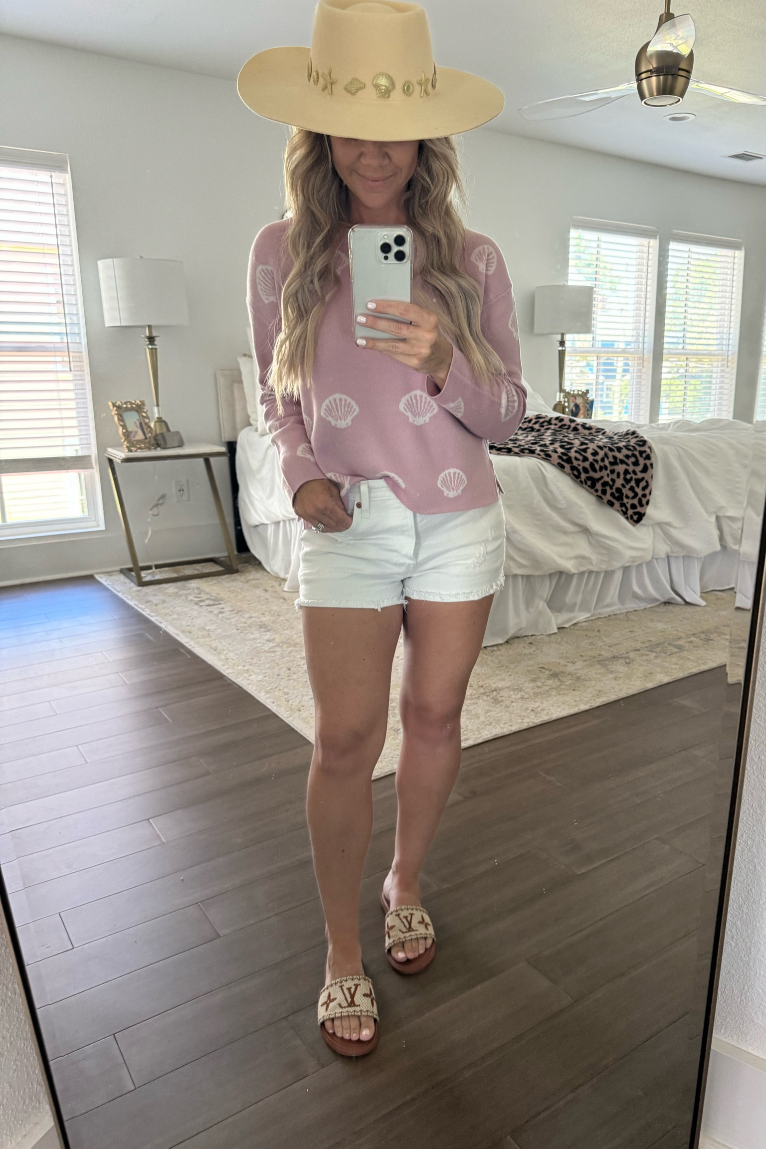 Spring Summer outfit
Sea shell print
Shell sweater
Florida spring outfit 
Beach outfit 
Beach hat 

#LTKSeasonal #LTKfindsunder100 #LTKsalealert