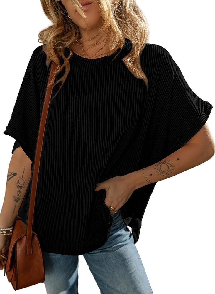 Dokotoo Women's Casual Oversized Short Sleeve Solid Color Loose Texture Knit Tunic Tops Blouses | Amazon (US)