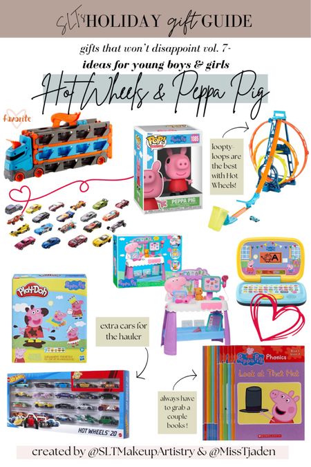 Need to cross off a young boy and/or a young girl from your gift list? I’ve got you covered ☺️ Hot Wheels are a staple for Christmas presents, especially the fun loopy-loop tracks! Peppa Pig is just the cutest & you definitely can’t go wrong with gifting her for the holidays. Mix a couple books with a couple toys & you won’t disappoint!

#LTKfindsunder100 #LTKGiftGuide #LTKkids