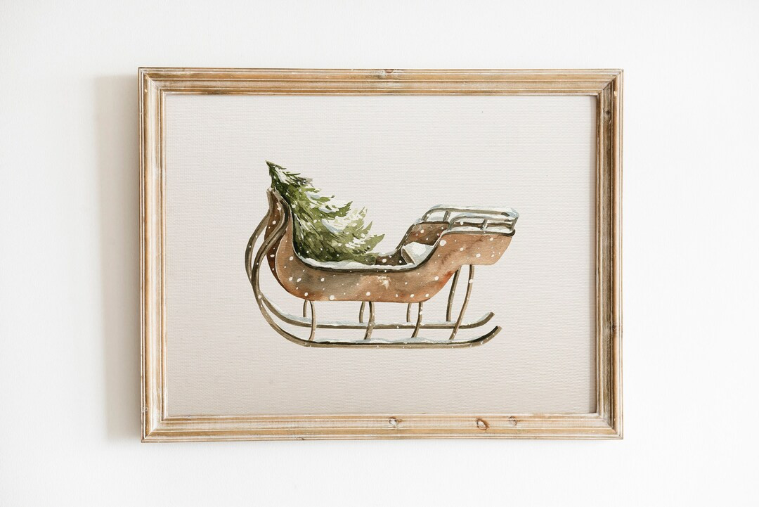 Watercolor Sleigh With Christmas Tree Printable Wall Art,vintage Sleigh Poster, Christmas Print, ... | Etsy (US)