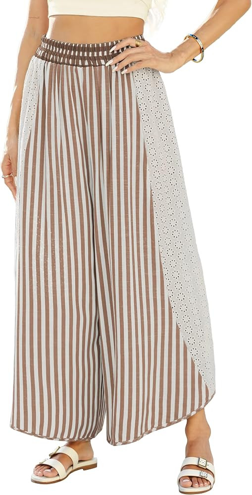 LIWEIKE Womens Summer Palazzo Pants Casual Loose Striped Wide Leg Pants Elastic Waist Lounge Trou... | Amazon (CA)