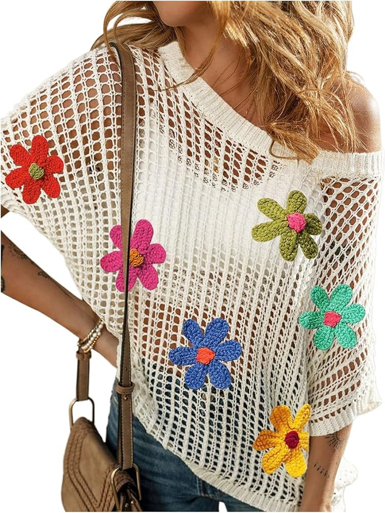 Women's Floral Crochet Tops Hollow Out Dolman Sleeve Applique Sweater Boho Summer Spring Top | Amazon (US)
