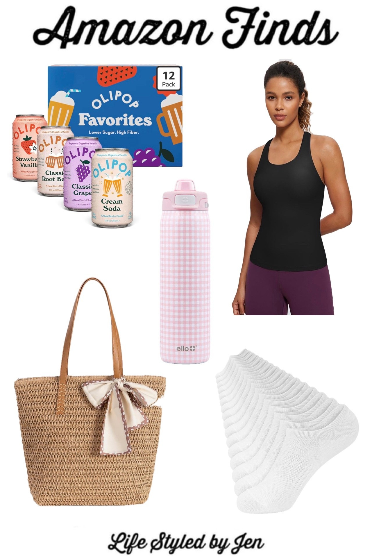 Time for this week’s Amazon Finds - five items from Amazon that are definitely worth checking out! 🎉

✔️ Olipop Variety Pack - Olipop has become such a popular soda alternative, and Amazon has this exclusive variety pack available that only they carry - and it’s on sale today for under $20! This is a steal for this pack, which is definitely worth trying if you’re looking for healthier, super tasty soda alternatives! 

✔️ Handwoven Straw Tote - this style is showing up all over this season, and it screams warm weather! Love how roomy and durable this bag is, plus it has a top zipper which is so handy. The bow adds such a fun touch 🎀 Excellent price as well! 

✔️ Ello Pink Gingham Water Bottle - this limited edition bottle is exclusively available at Amazon right now! So Springy and pretty for the season, and it’s on sale for only around $20 right now 🌸

✔️ CRZ YOGA Butterluxe Workout Racerback Tank Tops with Built in Bra - we’re seeing a big trend again of tank tops with built in bras, which was super popular in the 90s/early 2000s. Loving some of the options popping up, including this incredibly comfy athletic tank that has a padded built in bra. I’m a big fan of the neckline, which is made to hold everything in nicely when working out. Lots of colors available! 

✔️ Wernies No Show Socks - an Amazon best seller time and again since they work so well and genuinely do not slip! They have silicone on the heel to ensure these socks stay in place in all types of footwear. With it being sneaker season again, these are a must have - and they’re on sale! 

#amazon #amazonfinds 

#LTKActive #LTKSaleAlert #LTKSeasonal