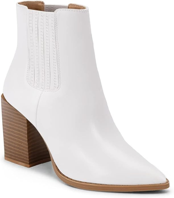 Ricristy Womens Booties Pointed Toe Stacked Heel Fashion Chelsea Ankle Boots | Amazon (US)